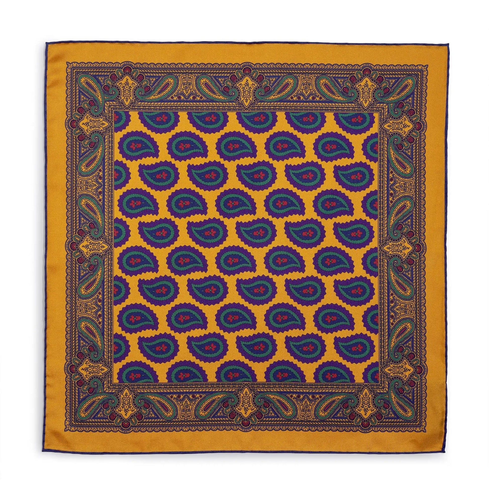 Large Paisley Silk Pocket Square In Gold by Benson & Clegg