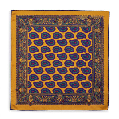 Large Paisley Silk Pocket Square In Gold by Benson & Clegg