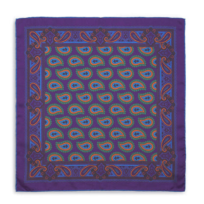 Large Paisley Silk Pocket Square In Purple by Benson & Clegg
