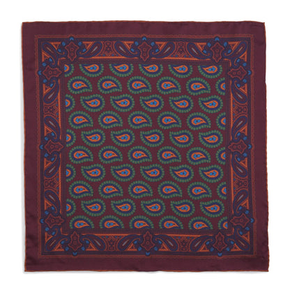 Large Paisley Silk Pocket Square In Wine by Benson & Clegg
