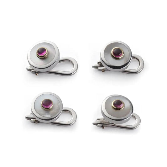 Sterling Silver And Mother Of Pearl With Pink Tourmaline Dress Studs by Benson & Clegg