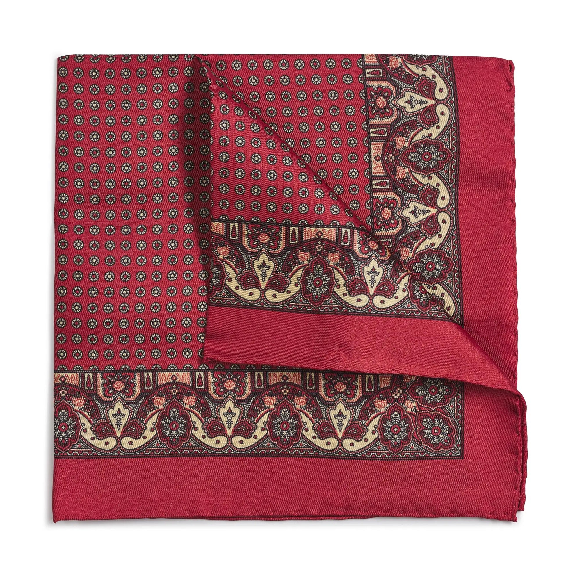 Ornate Paisley Silk Pocket Square In Red by Benson & Clegg