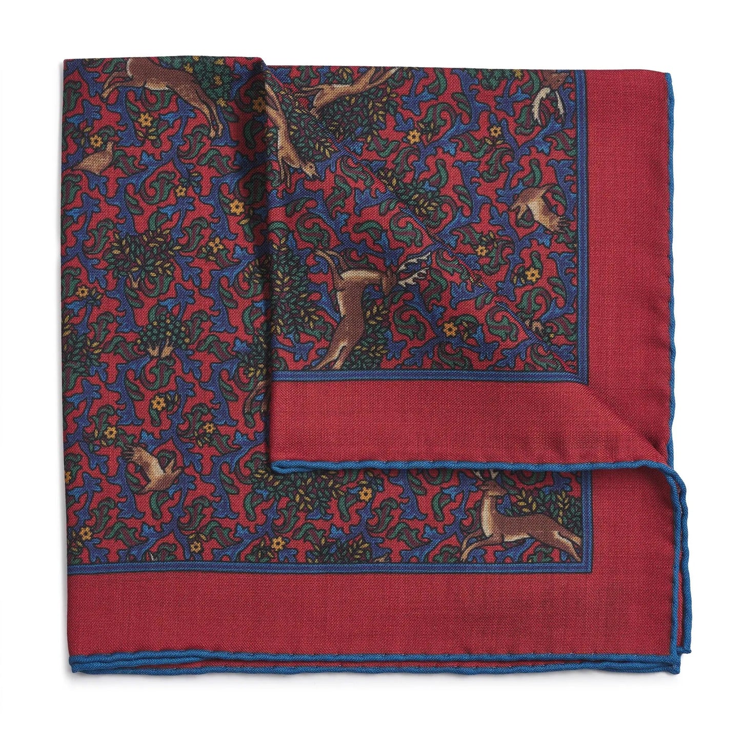 Stag & Forest(Wool & Silk Mix) Pocket Square In Red by Benson & Clegg
