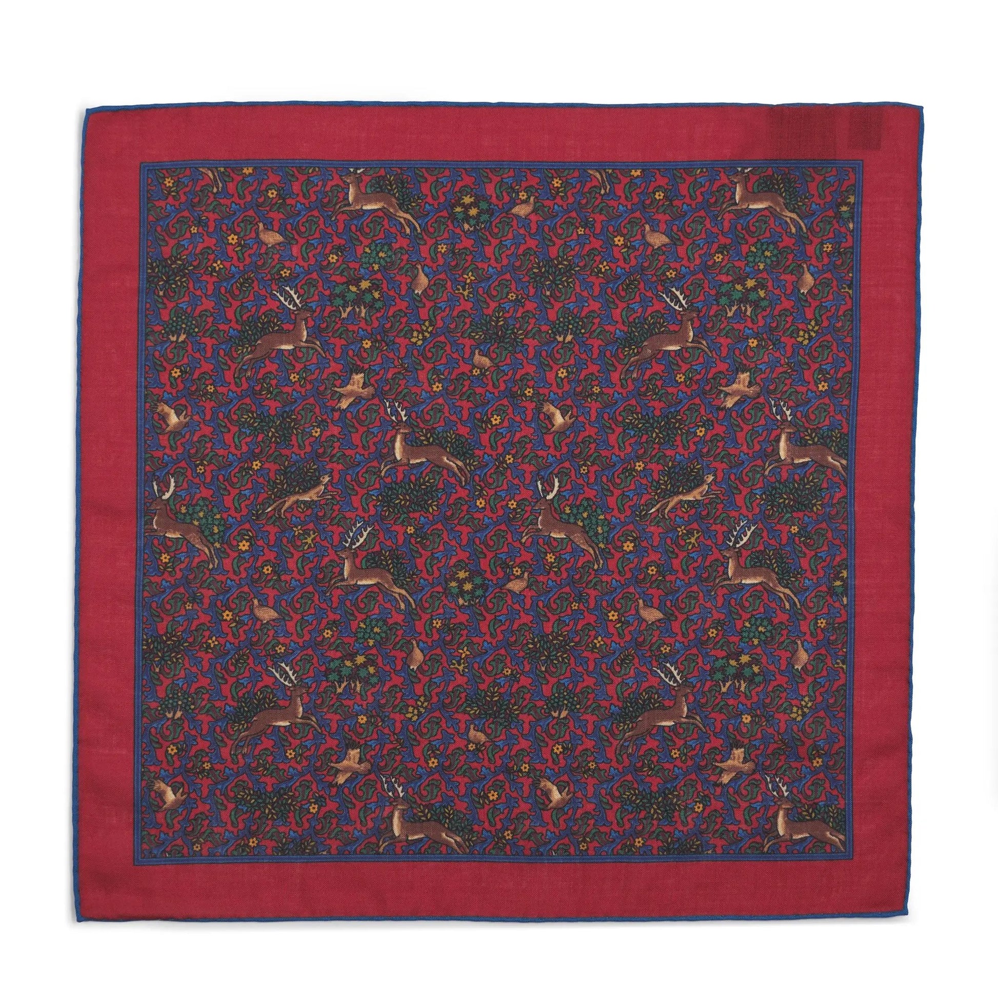 Stag & Forest(Wool & Silk Mix) Pocket Square In Red by Benson & Clegg