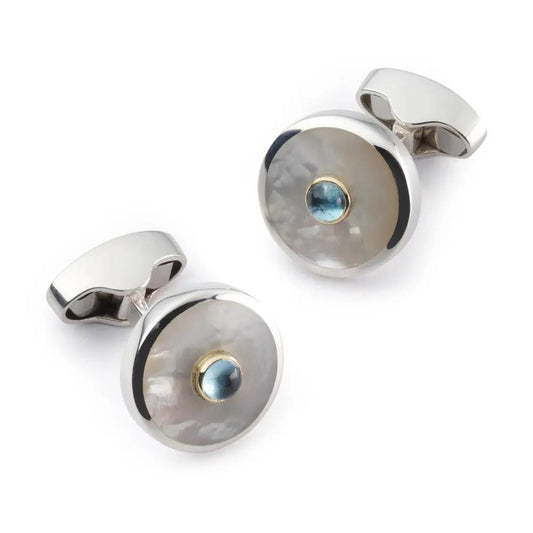 Sterling Silver Cufflinks With Mother Of Pearl And Blue Topaz by Benson & Clegg