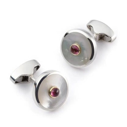 Sterling Silver Cufflinks With Mother Of Pearl And Pink Tourmaline by Benson & Clegg