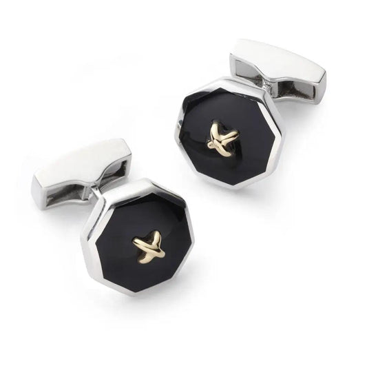 Sterling Silver Cufflinks With Onyx And 9ct Gold by Benson & Clegg