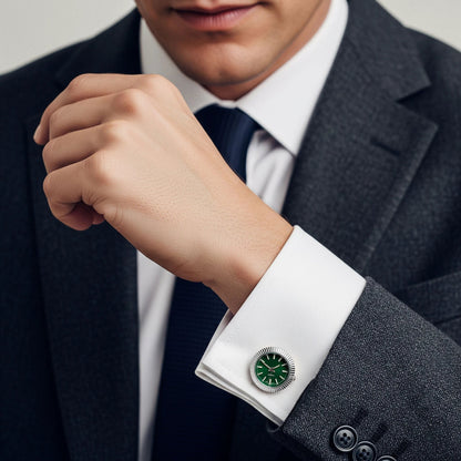 Working Watch Cufflinks In Silver and Green by Benson & Clegg