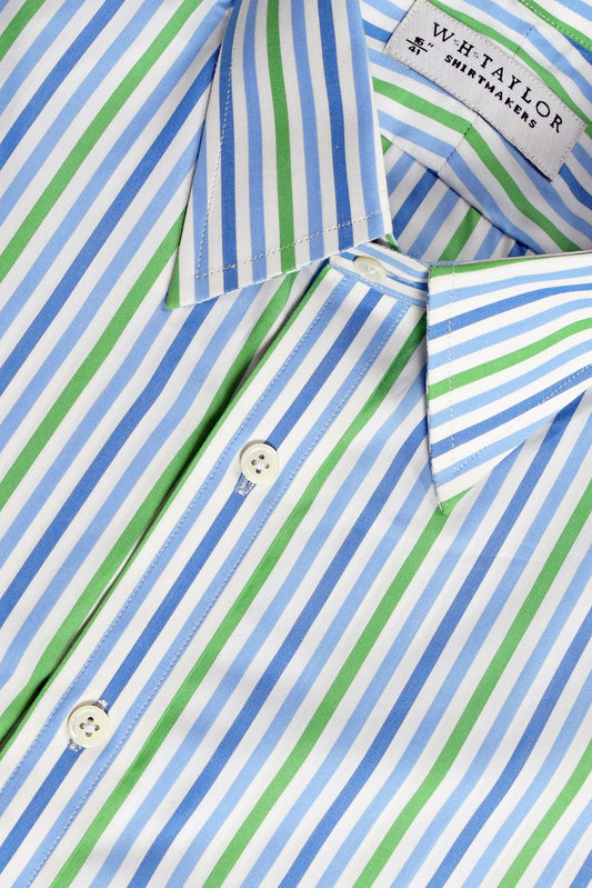 W.H. Taylor Mens Bespoke Cotton Poplin Green Candy Stripe Shirt