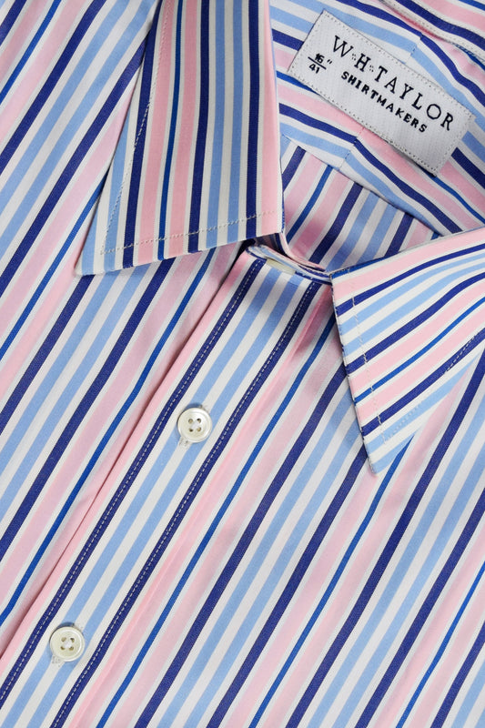 WH Taylor Mens Blue, Navy & Pink Stripe Cotton Poplin Bespoke Dress Shirt