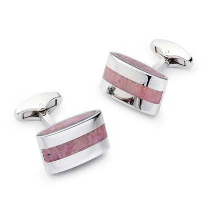 Contemporary Rhodochrosite Cufflinks In Refined Silver With Pink Rose Hued Bands - For Modern Sophistication by Benson & Clegg