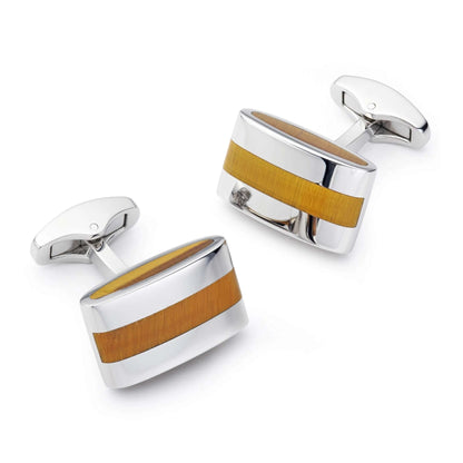 Contemporary Tiger Eye Cufflinks In Silver Setting With Golden Brown Chatoyancy Stones - Timeless Elegance by Benson & Clegg