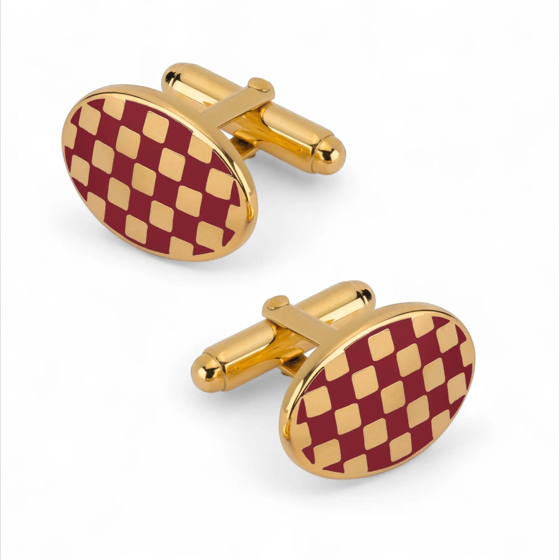 Checkerboard Cufflinks In Burgundy Enamel by Benson & Clegg
