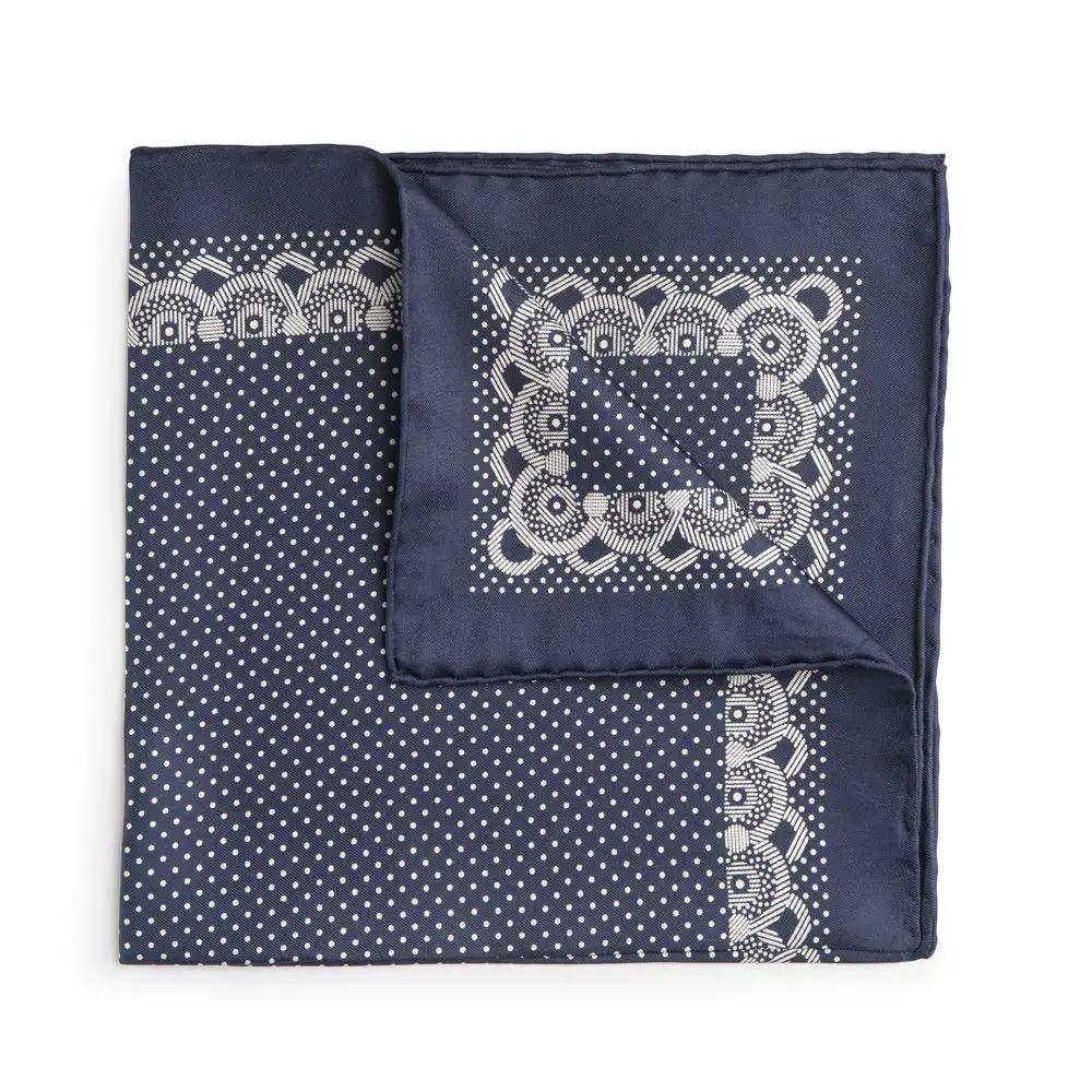 Navy With White Polka Dot & Border Silk Pocket Square by Benson & Clegg