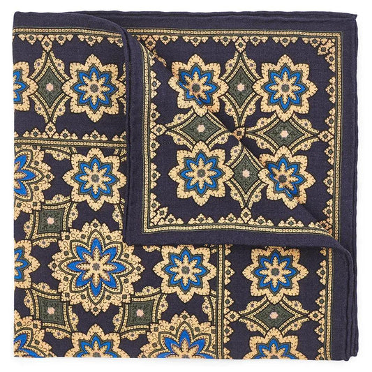 Floral Design In Navy (Wool & Silk Mix) Pocket Square by Benson & Clegg