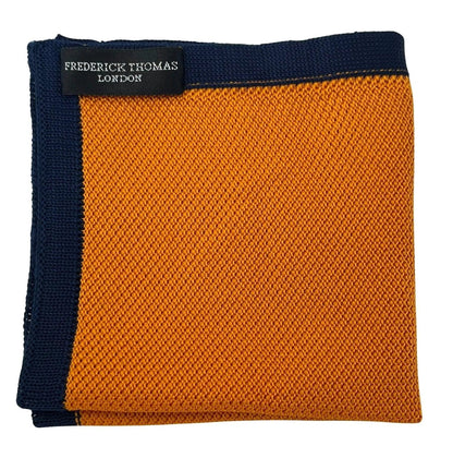 orange knitted pocket square with navy dark blue edging by Frederick Thomas Handmade Mens Ties