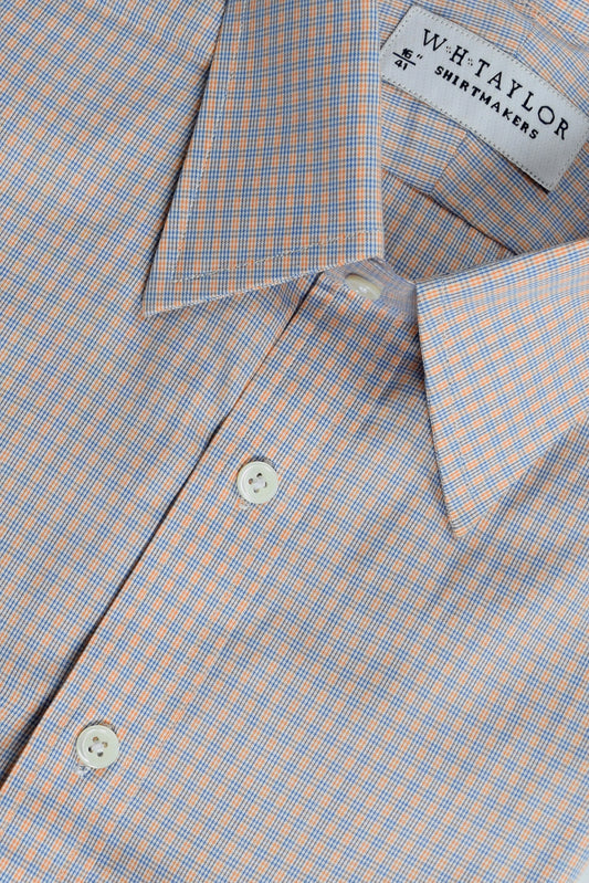 W.H Taylor Mens Blue and Orange Tramline Check Poplin Bespoke Custom Shirt