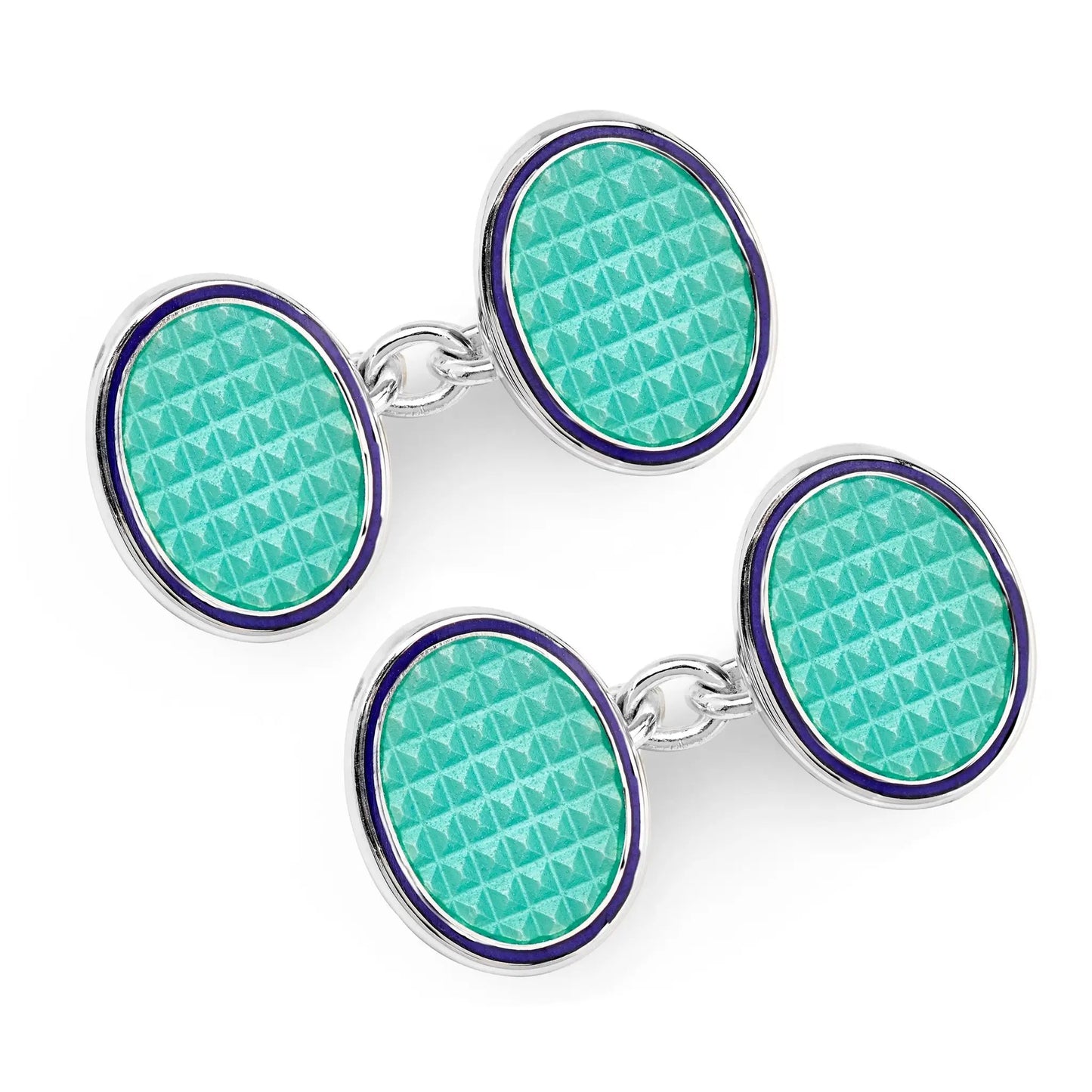 Oval Cloisonne Sterling Silver Chain Cufflinks In Turquoise by Benson & Clegg