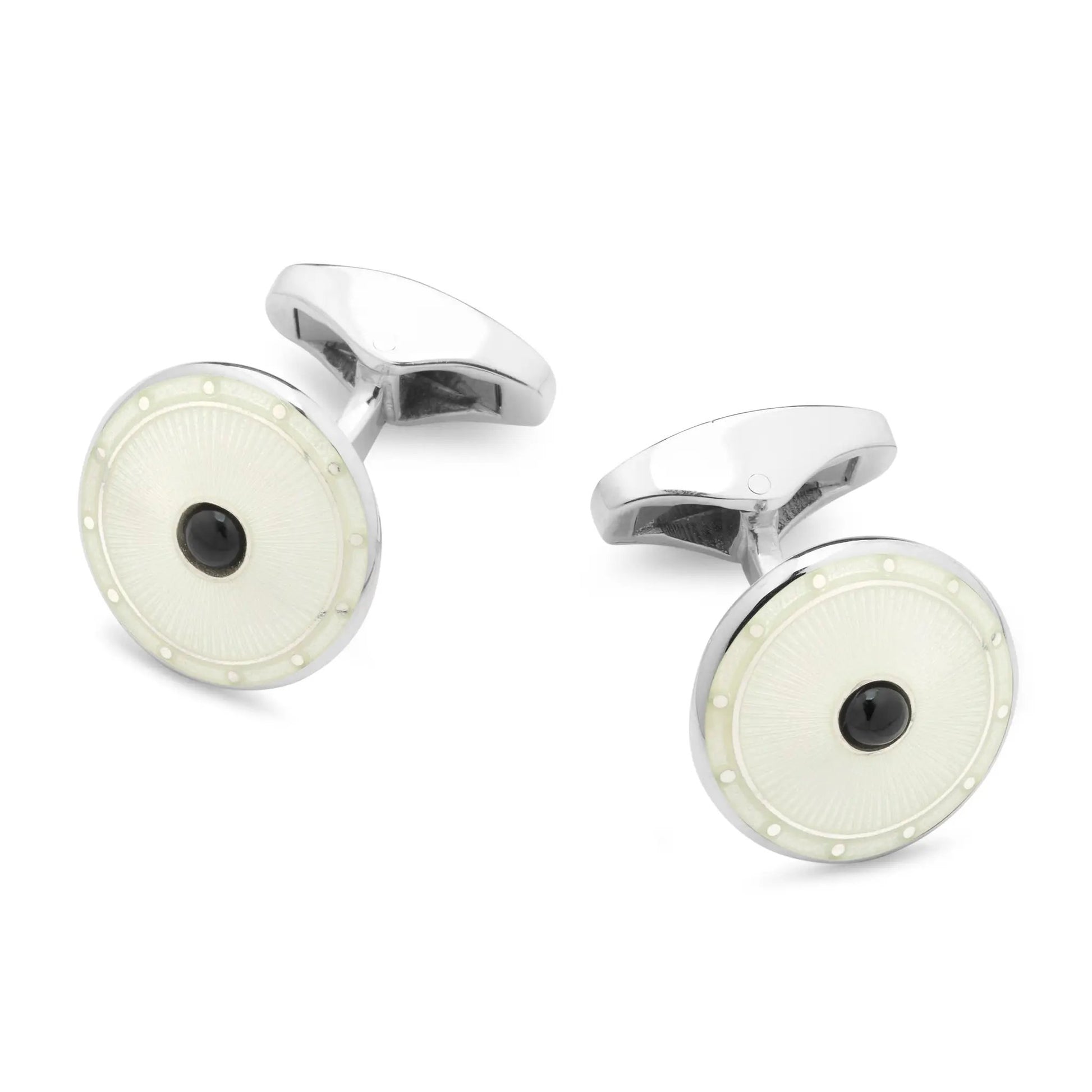 Domed Cream Enamel Sterling Silver Cufflinks With Onyx by Benson & Clegg