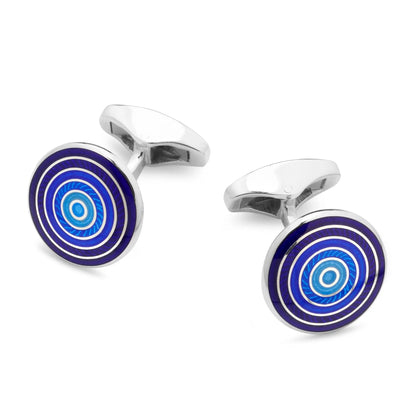 Guilloche Roundel Sterling Silver Cufflinks In Blue Gradient by Benson & Clegg