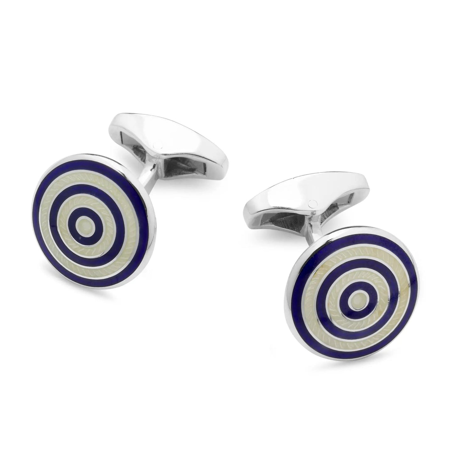 Guilloche Roundel Sterling Silver Cufflinks In Navy & Cream by Benson & Clegg