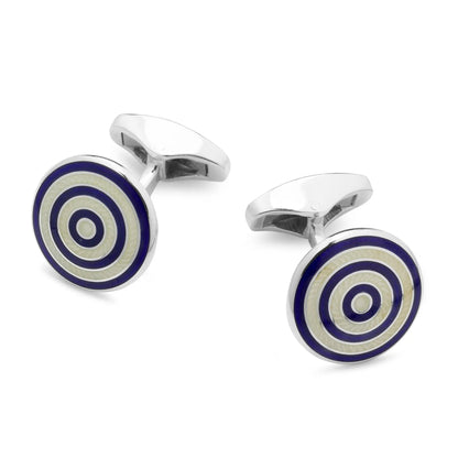 Guilloche Roundel Sterling Silver Cufflinks In Navy & Cream by Benson & Clegg