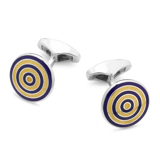 Guilloche Roundel Sterling Silver Cufflinks In Navy & Yellow by Benson & Clegg