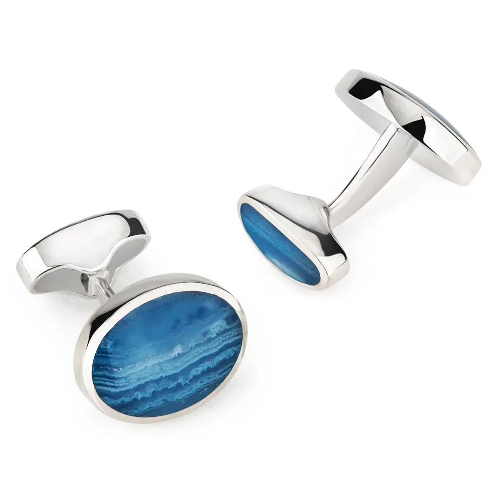 Sterling Silver Oval Cufflinks With Blue Lace by Benson & Clegg