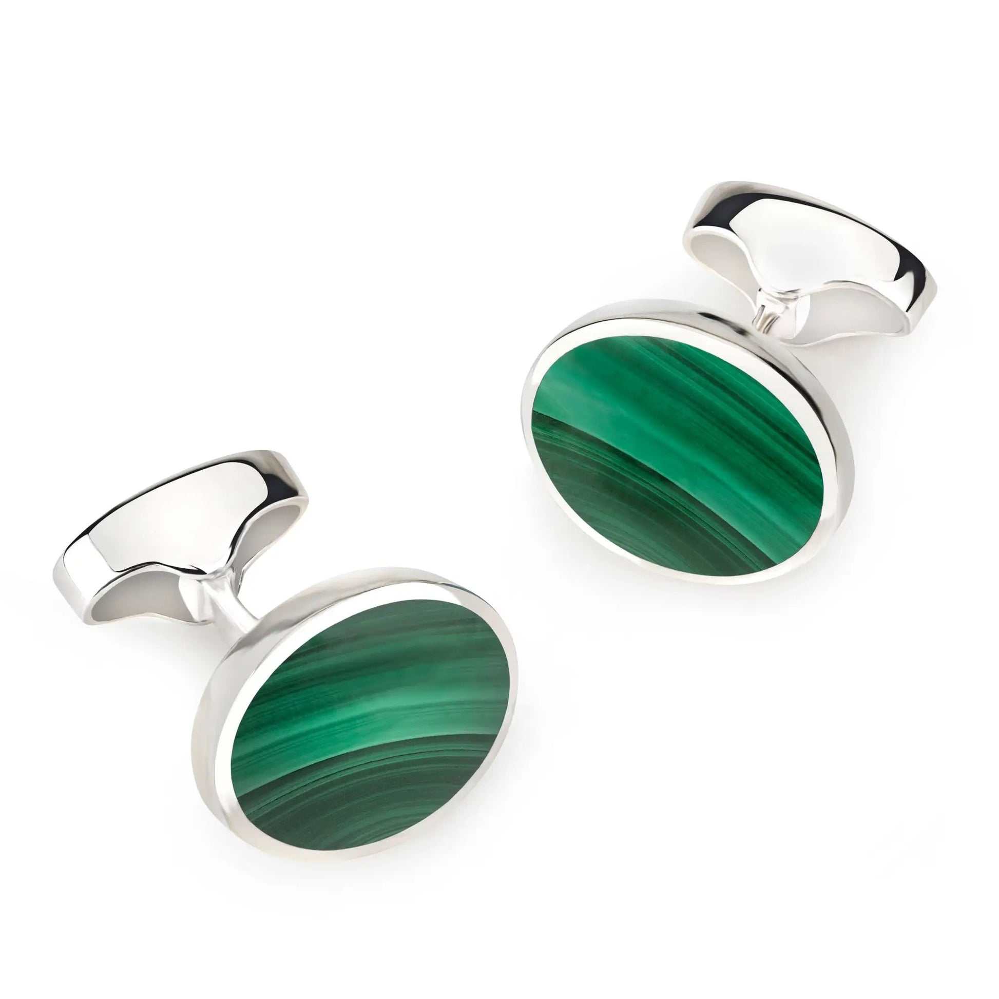 Sterling Silver Oval Cufflinks With Malachite by Benson & Clegg