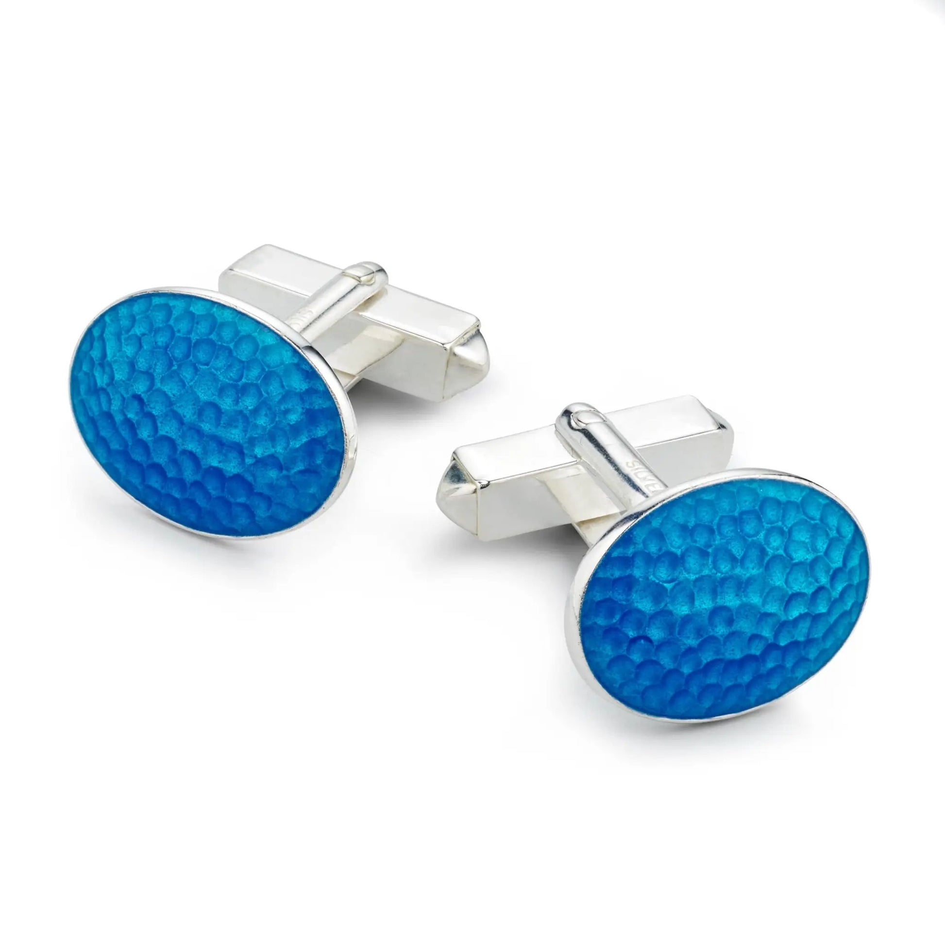 Hammered Sterling Silver Cloisonne Cufflinks In Sky Blue by Benson & Clegg