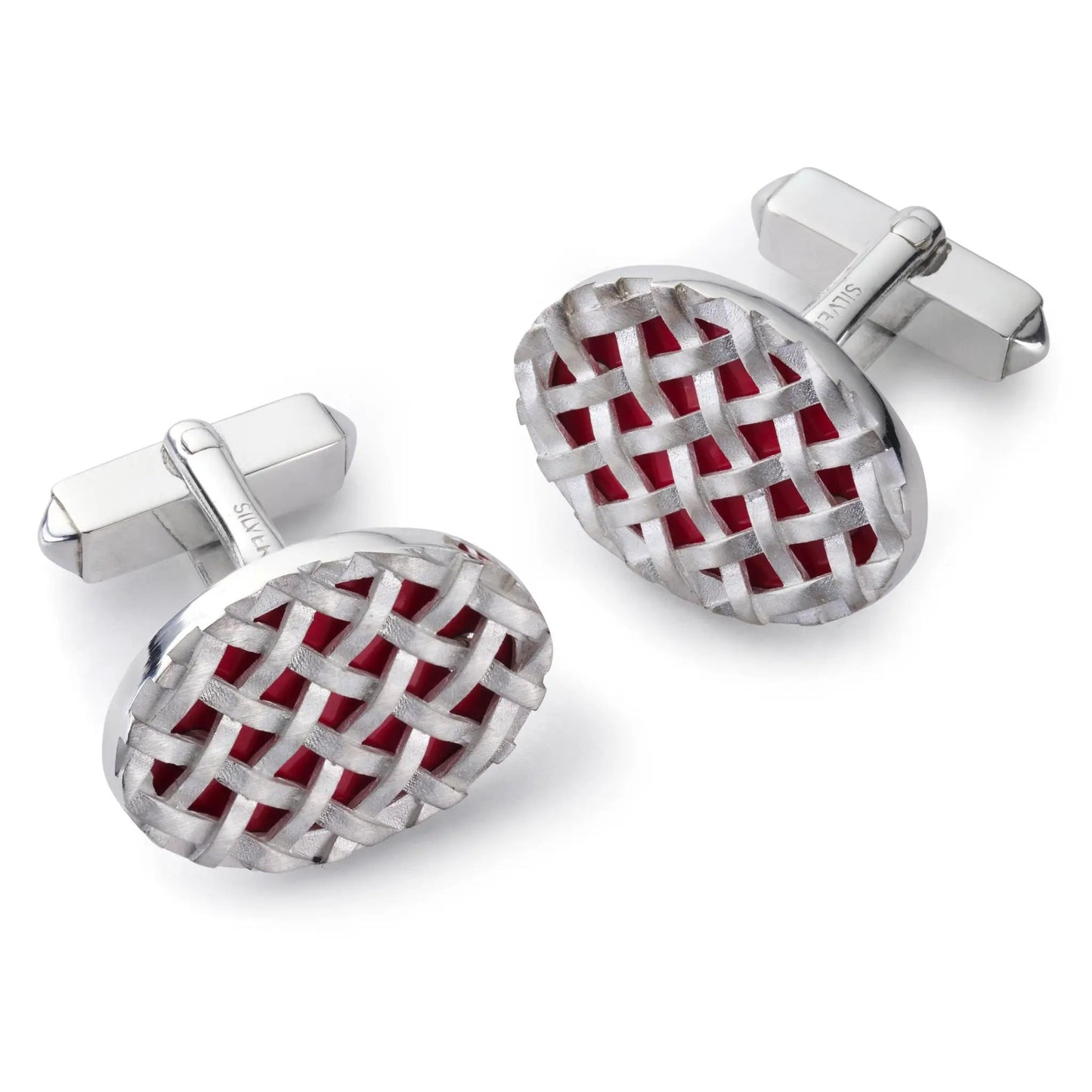 Crossweave Sterling Silver Cufflinks In Red by Benson & Clegg