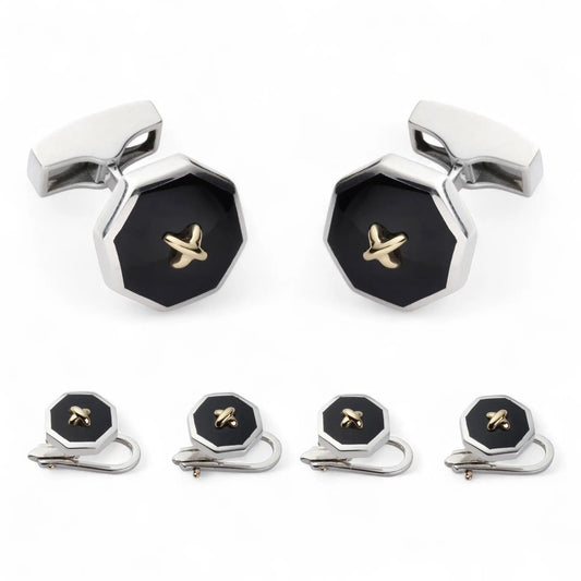 Sterling Silver And Onyx With 9ct Gold Stitch Dress Set by Benson & Clegg