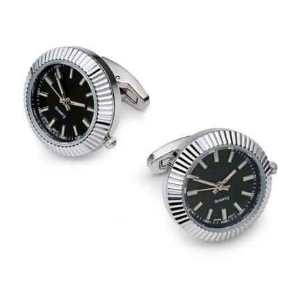 Working Watch Cufflinks In Silver And Black - Functional Quartz Movement For A Luxurious Gift For Men by Benson & Clegg