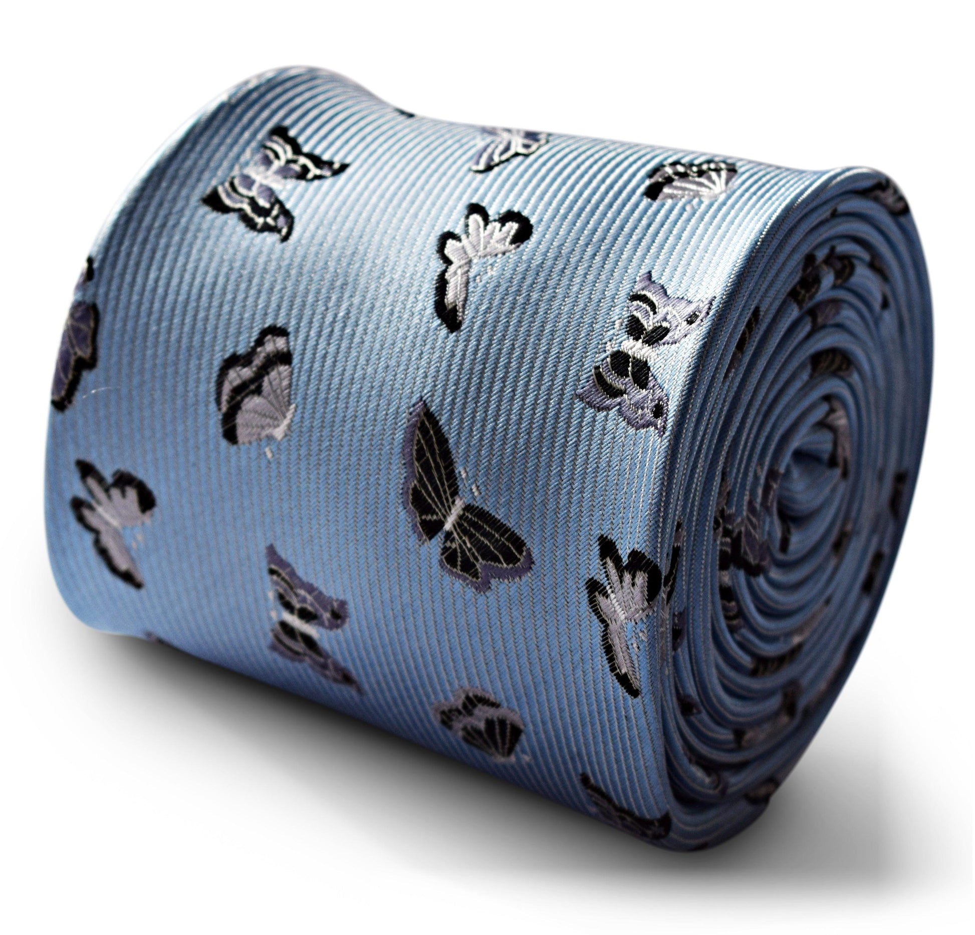 light baby blue mens tie with silver butterfly embroidered design by Frederick Thomas Handmade Mens Ties