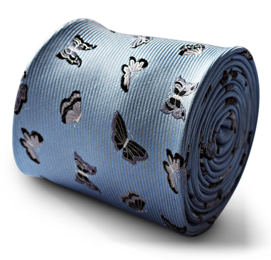 light baby blue mens tie with silver butterfly embroidered design by Frederick Thomas Handmade Mens Ties