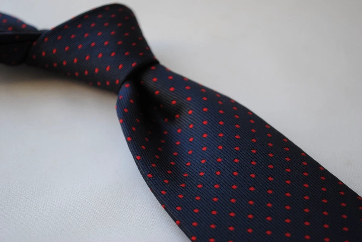navy and red pin spot design tie by Frederick Thomas Handmade Mens Ties
