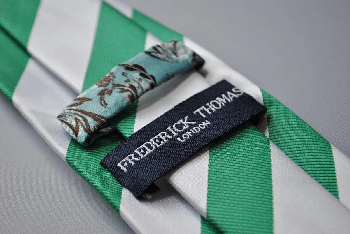 green and white barber striped tie by Frederick Thomas Handmade Mens Ties