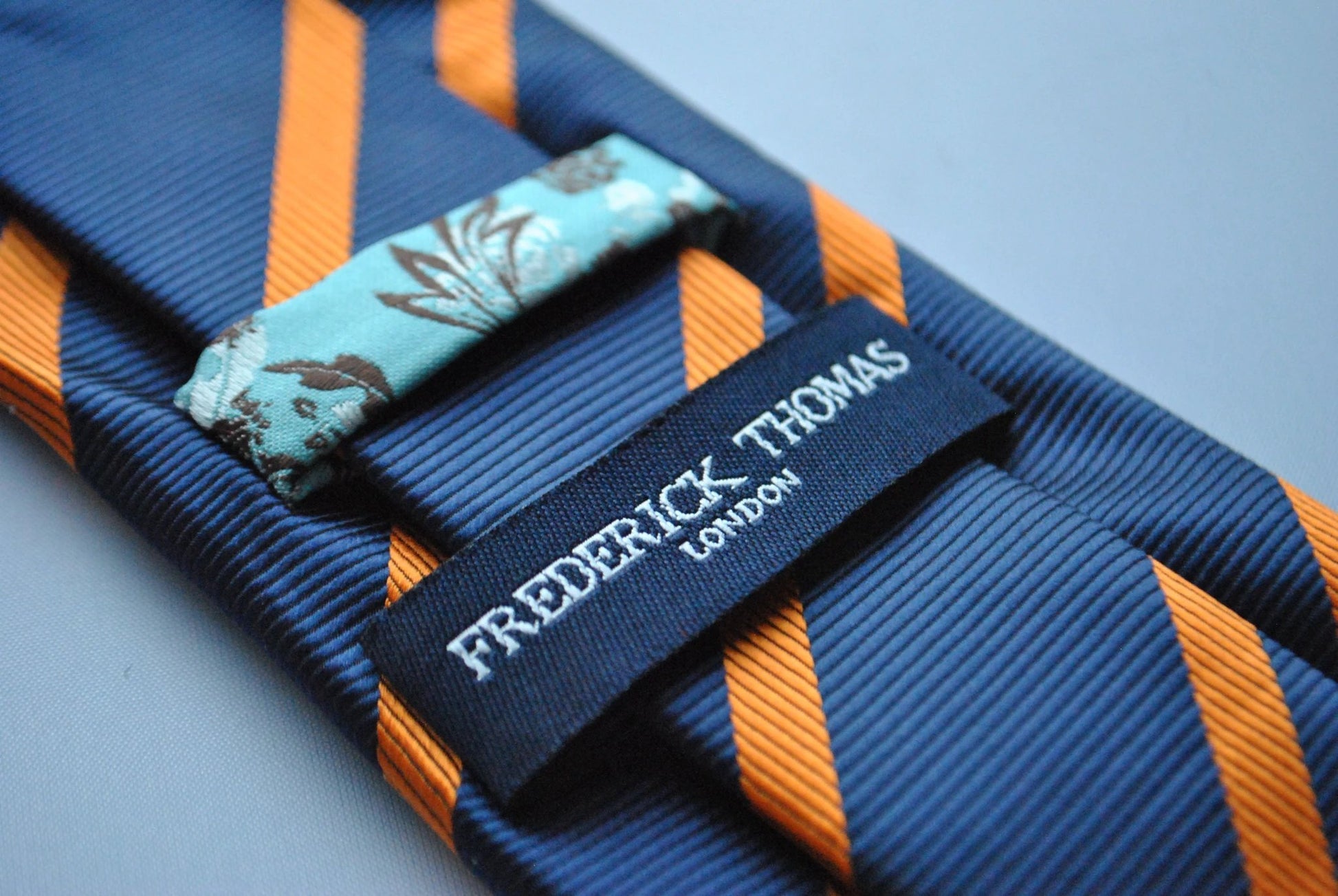 navy and orange club striped tie by Frederick Thomas Handmade Mens Ties