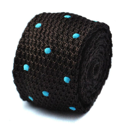 chocolate brown skinny knitted tie with turquoise polka dots by Frederick Thomas Handmade Mens Ties