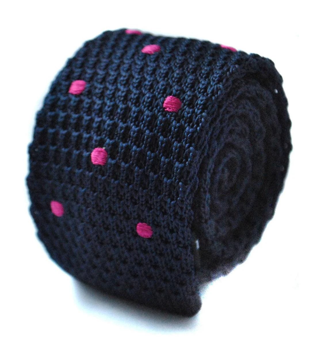 navy blue skinny knitted tie with bright pink polka dots by Frederick Thomas Handmade Mens Ties