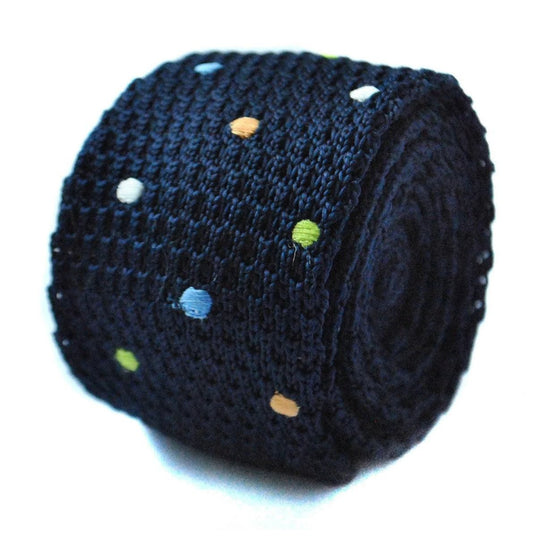 navy blue skinny knitted tie with multicoloured polka dots by Frederick Thomas Handmade Mens Ties
