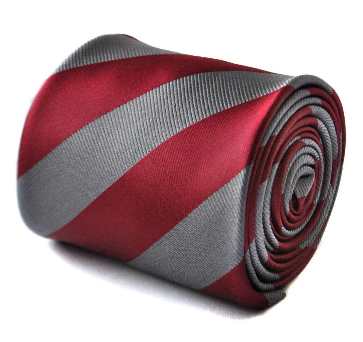 maroon red and silver barber striped tie by Frederick Thomas Handmade Mens Ties