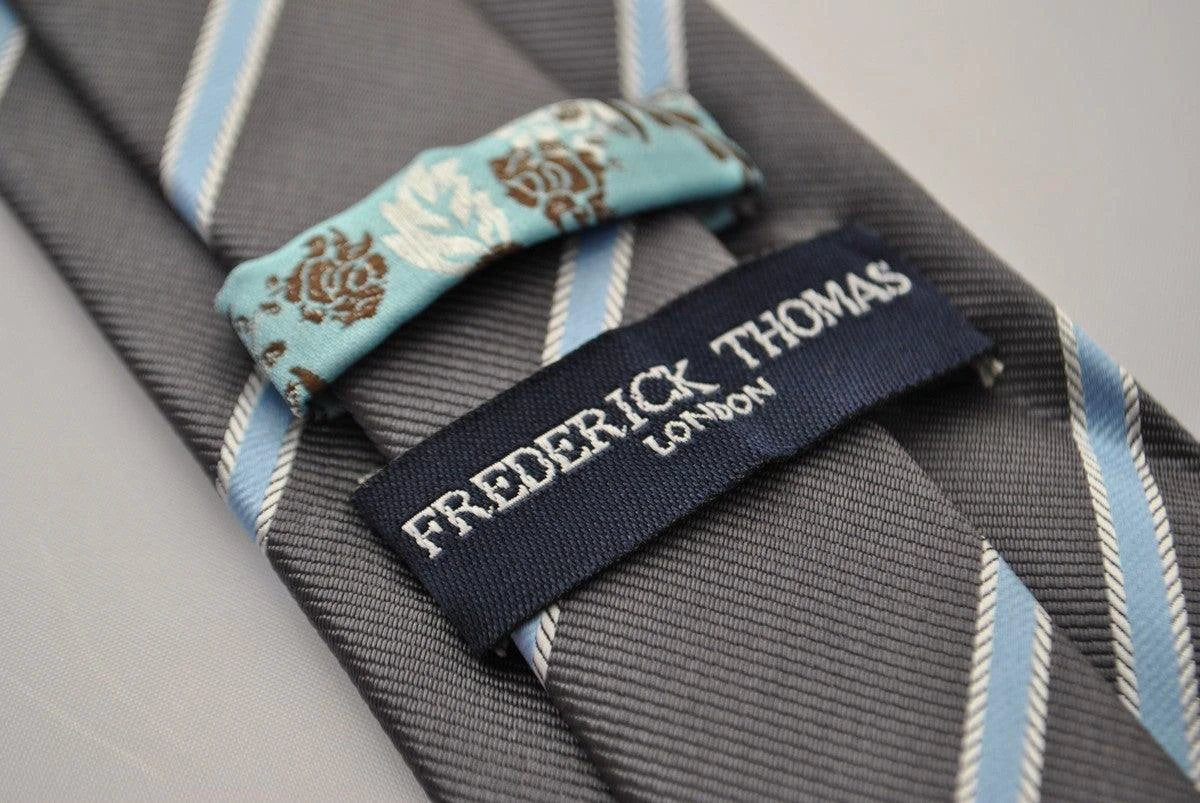 grey tie with light blue stripe by Frederick Thomas Handmade Mens Ties