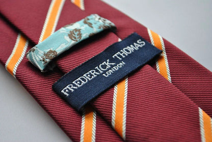Maroon and Orange Club Striped Tie for the Luxury Professional Man - Handcrafted with Floral Rear Detail by Frederick Thomas Handmade Mens Ties