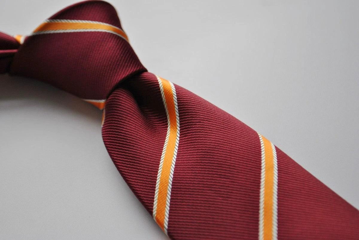 Maroon and Orange Club Striped Tie for the Luxury Professional Man - Handcrafted with Floral Rear Detail by Frederick Thomas Handmade Mens Ties