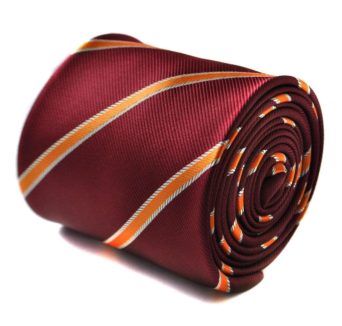 Maroon and Orange Club Striped Tie for the Luxury Professional Man - Handcrafted with Floral Rear Detail by Frederick Thomas Handmade Mens Ties