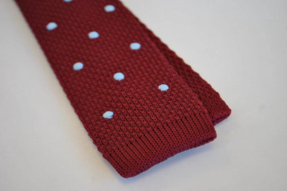 maroon skinny knitted tie with light blue polka dots by Frederick Thomas Handmade Mens Ties