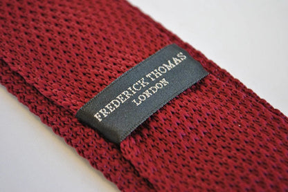 maroon skinny knitted tie with light blue polka dots by Frederick Thomas Handmade Mens Ties