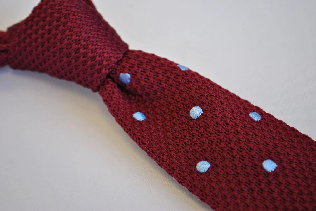 maroon skinny knitted tie with light blue polka dots by Frederick Thomas Handmade Mens Ties