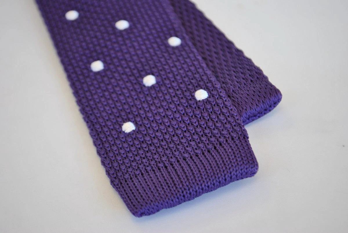 cadbury purple skinny knitted tie with white polka dots by Frederick Thomas Handmade Mens Ties